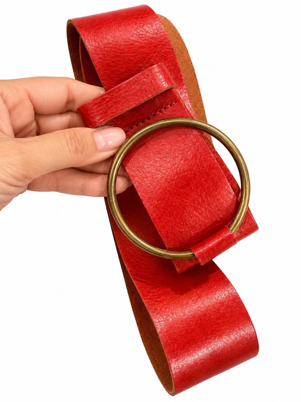 Boho Statement Red Wide Waist Belt Oversized Gold O-Ring Retro Chic 41 inches